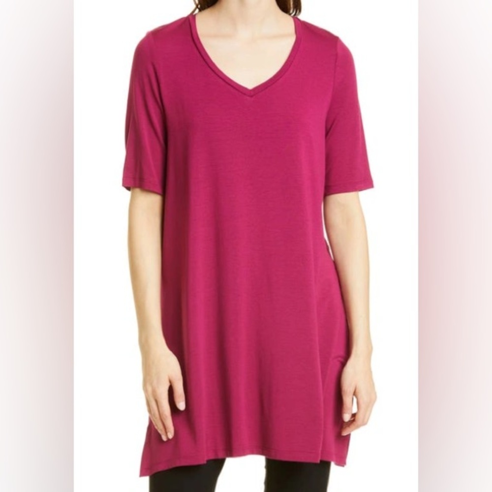 Eileen Fisher Short Sleeve Pink Cotton Hemp V-Neck T-Shirt Tunic Dress EUC Sz M